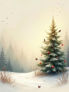 a christmas tree in the middle of a snowy field with birds flying around it,