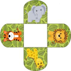 an elephant, tiger and giraffe cut out from paper with leaves on it