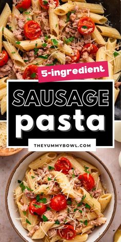 sausage pasta with tomatoes and parmesan cheese in a skillet on the side