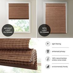 This Brown Bamboo Light Filtering Roman Shade offers a natural and eco-friendly update to your home. Its unique bamboo material brings an organic and warm touch to any space! Shade measures 33L x 64H in. Head rail measures 33L x 1.13W x 2.5H in. Crafted of 100% bamboo woven material Brown teak finish Light filtering Recommended mounting depth measures 1.75 in.e Assembly required Care: Vacuum clean only. This item is available at Kirklands.com only, not available in stores. Please note: this item cannot be shipped to APO/FPO addresses. | Bamboo Light Filtering Roman Shade, 33 in., Brown, , Other | Kirkland's Home Weave Installation, Bamboo Roman Shades, Light Filtering Shades, Cordless Roman Shades, Bamboo Care, Bamboo Curtains, Bamboo Light, Double Hung Windows, Bamboo Blinds