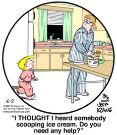 a cartoon depicting a man in pajamas standing next to a child at the kitchen counter