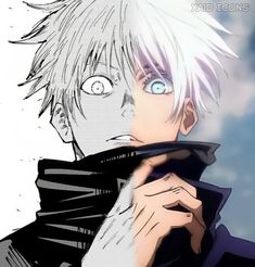 an anime character with white hair and blue eyes holding his hand up to his face