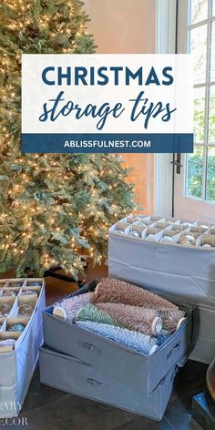 christmas storage tips for the family room and living room with a tree in the background