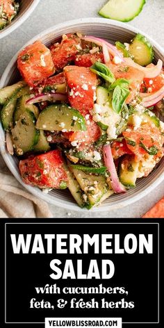 watermelon salad with cucumbers, feta and fresh herbs in a bowl