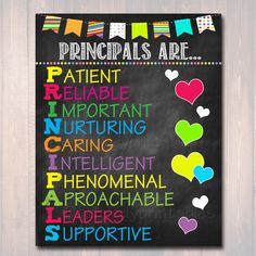 a chalkboard with the words principals are written in multicolored letters on it