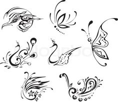 a set of nine different designs on a white background, each with a butterfly and swirls