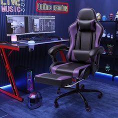 a gaming chair sitting in front of a computer desk