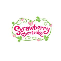 the logo for strawberry shortcakes is shown in pink and green letters on a white background