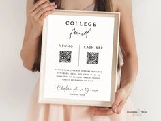 a woman holding up a framed poster with the words college fund and cash app on it