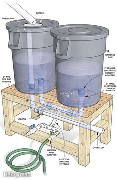 two water tanks sitting on top of a wooden pallet with hoses attached to them