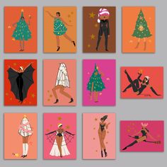 six different christmas cards with people dressed in costumes