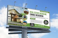 an advertisement for real estate in front of a house on a cloudy day with blue sky and white clouds