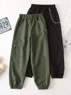 Tween Girl 2pcs Chain Detail Cargo Pants Multicolor Casual   Woven Fabric Plain Jogger Non-Stretch  Tween Girls Clothing, size features are:Bust: ,Length: ,Sleeve Length: Grunge Pants, Suit Fashion, Work Pants, Fashion Set, Fashion Online Shop, Fashion Pants, Cargo Pants, Jogging