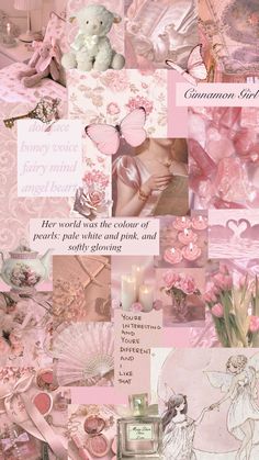 a collage of pink and white images with flowers, hearts, teddy bear, candles and other items