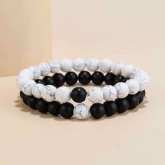 2 Piece Bracelet Set- White Marbled & Black Stone Bracelet. Individually Wrapped Material: Stone And Elastic Relationship Bracelets, Business Jewelry, White Beads Bracelet, Couples Bracelet, Diy Ceramic, Beads Bracelet Design, Mens Beaded Bracelets, Bracelet Design, Ying Yang