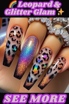 Leopard Acrylics, Rainbow Cat Eye Nails, Nails Nail Art Designs, Artsy Nails, Colorful Nail Art, Drip Nails, Pretty Nail Designs