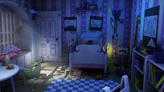 an animated image of a child's bedroom with blue walls and checkered flooring