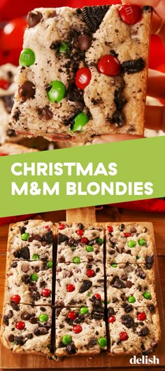 christmas m & m blondies are stacked on top of each other with the words