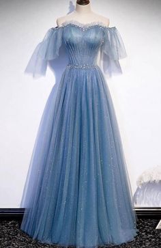 Prom Dress A Line, Prom Dresses Off The Shoulder, A Line Evening Dress, Evening Party Gowns, Blue Tulle, Prom Dress Inspiration, Pretty Prom Dresses, Grad Dresses, Tulle Prom Dress