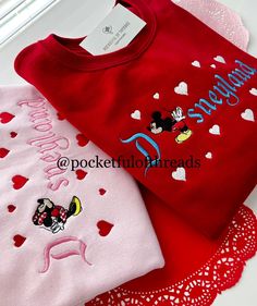 Custom embroidered Valentines Day mouse sweatshirt. You get to chose your own and sweatshirt color. All stitching is embroidered on a commercial grade embroidery machine resulting in high quality results. These sweatshirts make the perfect outfit for your Valentine's Day night When ordering please include sweatshirt color Please include in the notes portion. Sweatshirt/hoodie  color:  Sweatshirt/ Hoodie info: 50% cotton, 50% polyester; pill-resistant air jet yarn; double-needle stitching throughout; set-in sleeves; 1x1 ribbed collar, cuffs and waistband with spandex Valentine Disney Outfit, Disney Sweaters Embroidered, Embroidered Valentines, Disney Valentines Day Shirts, Valentines Disney Sweatshirt, Valentine’s Day Crewneck, Minnie Mouse Birthday Theme, Love Magic, Color Sweatshirt