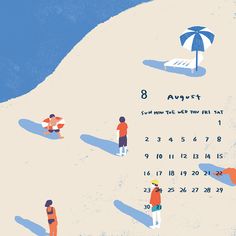 a calendar with people standing on the beach