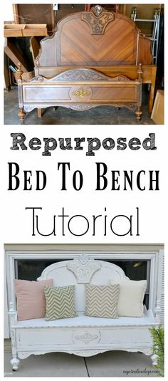 an old bed is repurposed into a bench