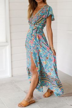 Bohemian Floral Maxi Dress - Hippie Vibe Tribe Beach Wrap Dress, Jackets Sweaters, Printed Beach Dresses, Boho Dresses Long, Maxi Sundress, Sleeves Style, Chiffon Fashion, Short Sleeve Maxi Dresses, Bohemian Print