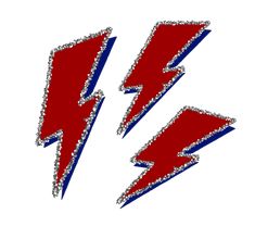 two red and blue lightning bolt stickers on a white background, one is broken