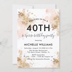 a pink and gold birthday party card with the number forty on it's front