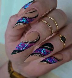 Nails And Rings, Fancy Nails Designs, Dope Nail Designs, Pretty Nail Art Designs, Blue Nail, Luxury Nails, Funky Nails, Fancy Nails