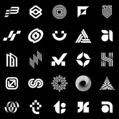 various logos and symbols on a black background