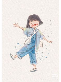 a watercolor painting of a girl in blue jumpsuits with her arms outstretched