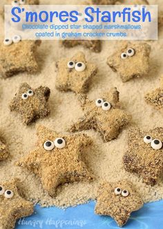 there are sand stars with googly eyes on them and the words s'mores starfish