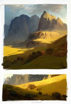 two pictures of mountains with yellow grass in the foreground