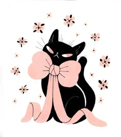 a black cat with a pink bow sitting in front of some white and pink flowers