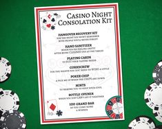 a casino night consolation kit with chips and cards on the table next to it