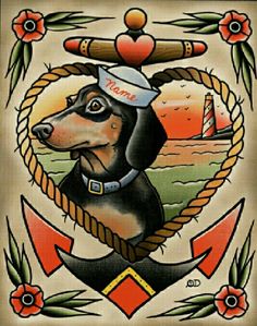 a drawing of a dog with a sailor's hat and anchor on his chest