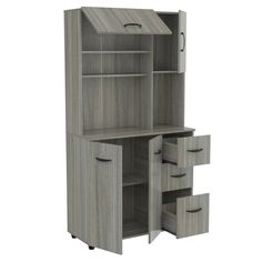 an office desk with two drawers and a cabinet on wheels, in grey oak finish