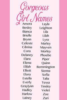 a pink and white poster with the names of various women's names on it