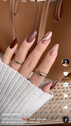 Cute Fall/winter Nails, Autumn Almond Nails Design, Nail Design Fall 2024, Animal Inspired Nails, 2 Toned Nails, Cute Nail Ideas For Summer 2024, Nails Fall Design, Design Nails Art, Fur Nails