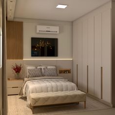 a bedroom with a bed, dressers and an air conditioner on the wall