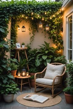 an outdoor patio with plants and lights