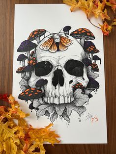 a drawing of a skull with butterflies on its head and in the background is autumn leaves