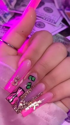 Follow @theholycreator for more content. Money Set Nails, Money Sign Nails, Pink Money Nails, Extra Baddie Nails, Gangster Nails, Money Nails Designs, Future Nails