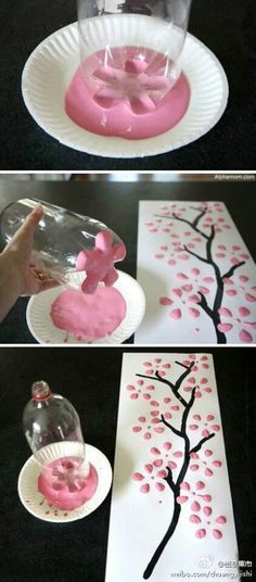 some paper plates with pink and black designs on them, one is made to look like a tree