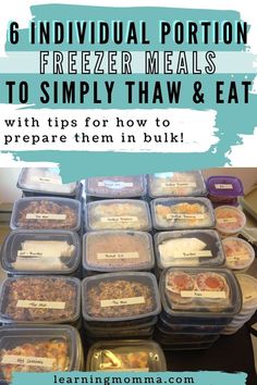 freezer meals in plastic containers with text overlay that reads 6 individual portion freezer meals to simply thaw & eat