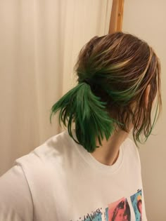 Mens Long Hair Dye Ideas, Men Green Hair Color, Long Green Hair Men, Auburn And Green Hair, Half Green Half Brown Hair, Green Hair Brown Roots, Subtle Orange Hair, Ginger Hair With Green Highlights, Mens Green Hair