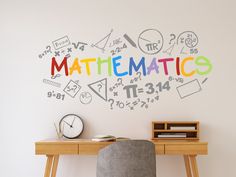 a desk with a chair and a clock on it in front of a wall that says mathematics