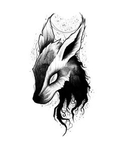 a black and white drawing of a goat's head with long hair on it