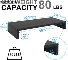 an image of a black shelf with measurements for the top and bottom section, including height